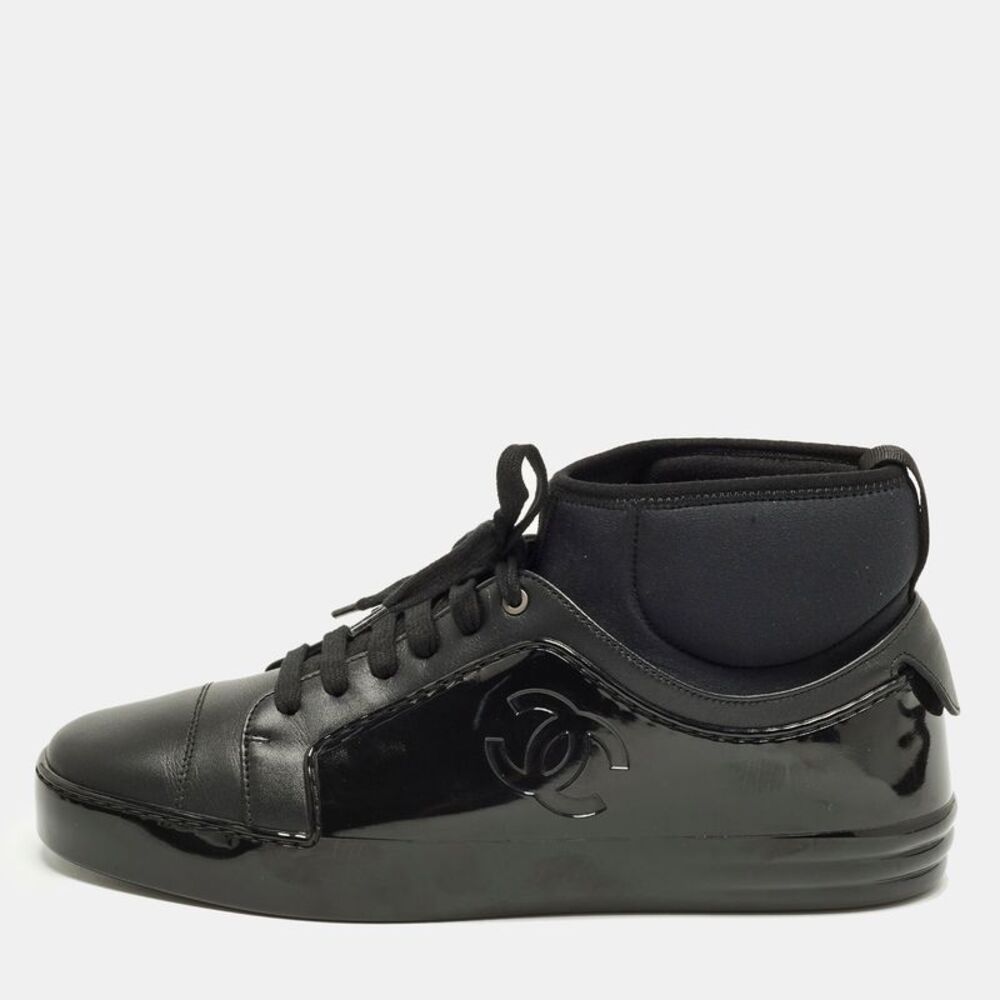 Chanel Size 41 Black Rubber And Leather Cc Mid Top Lace Up Sneakers